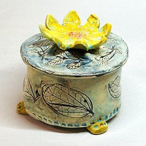 Art Pottery Nina J Designs Fossilized Lidded Box Live & Walk w/ Art Signed Dated